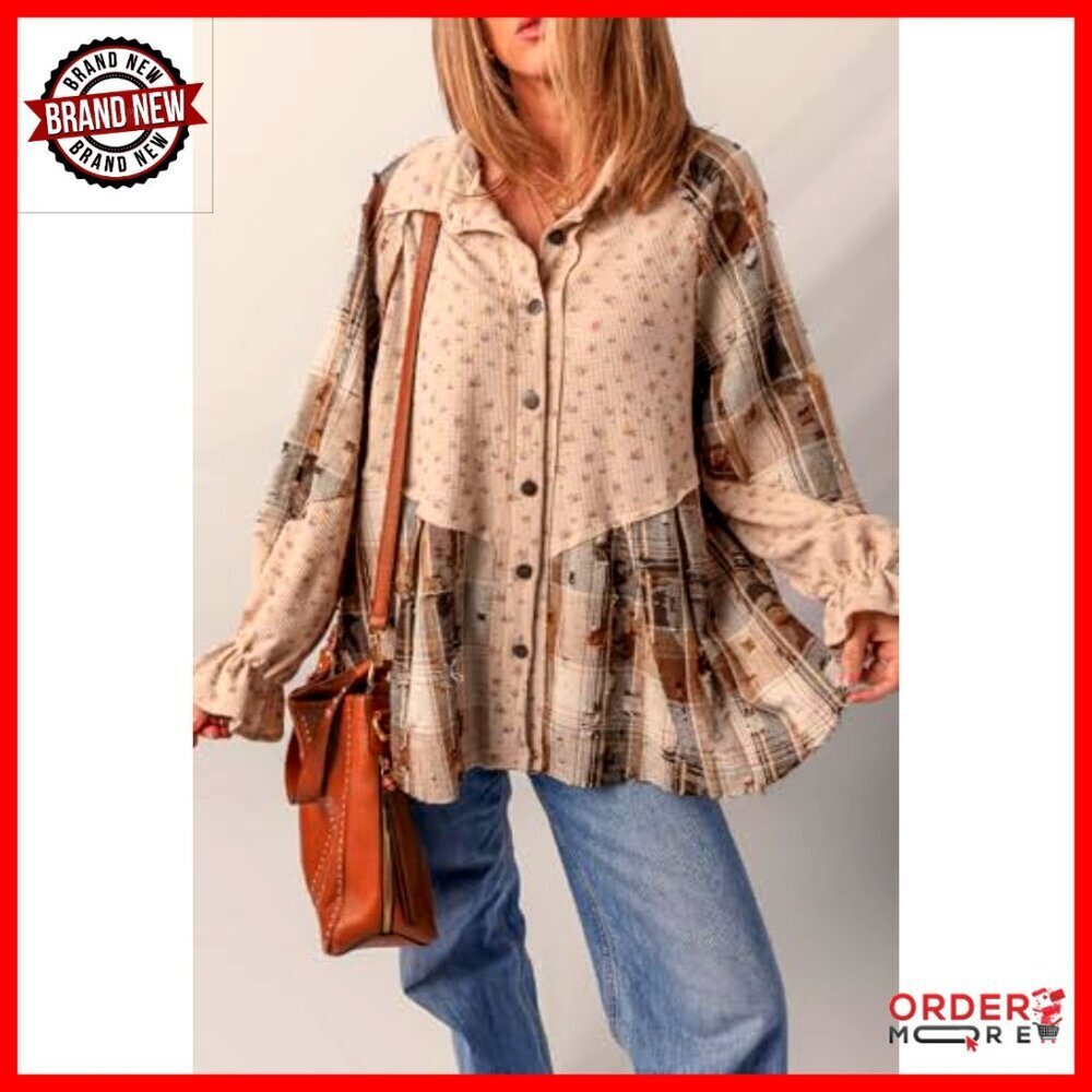 Waffle Knit Button Down Shacket Ruffled Sleeve Loose Fit Boho Floral Plaid - Picture 4 of 5